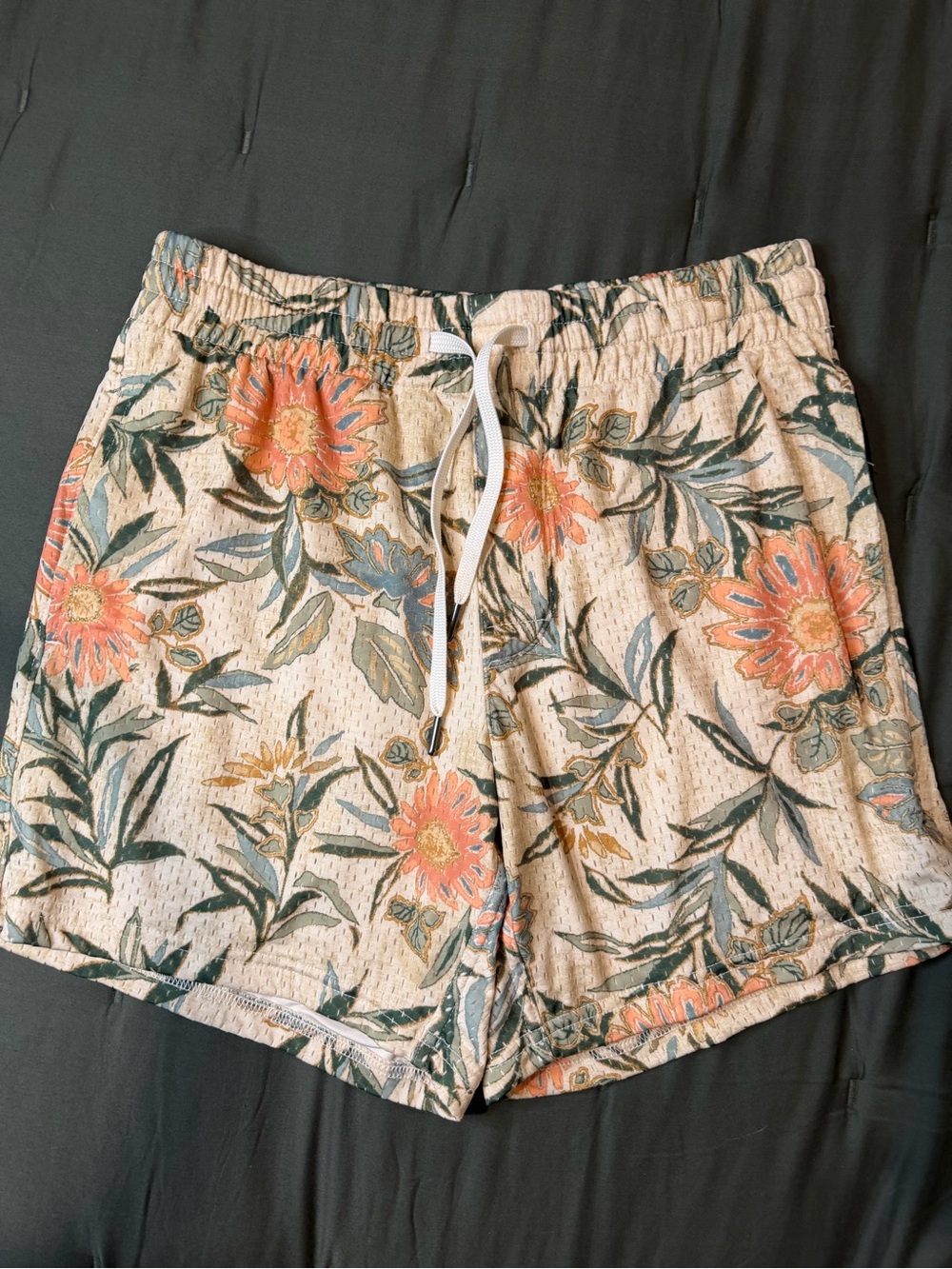 American Eagle Outfitters Floral Drawstring Shorts - Cream with Coral and Green
